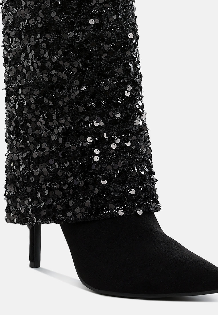 women sequinned fold-over calf boots#color_black
