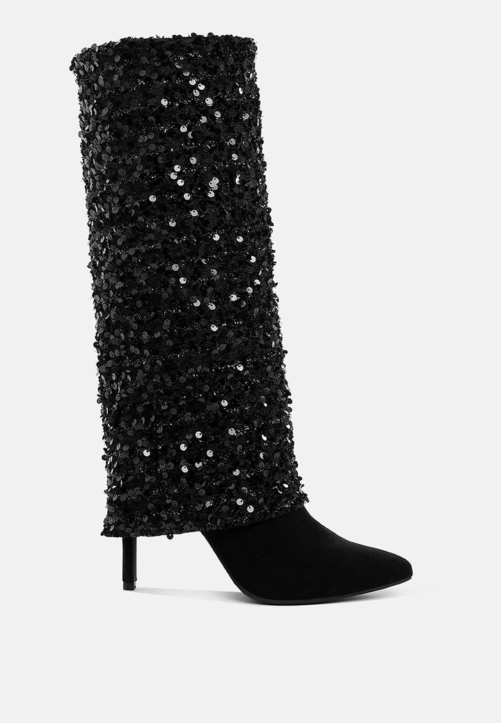 women sequinned fold-over calf boots#color_black