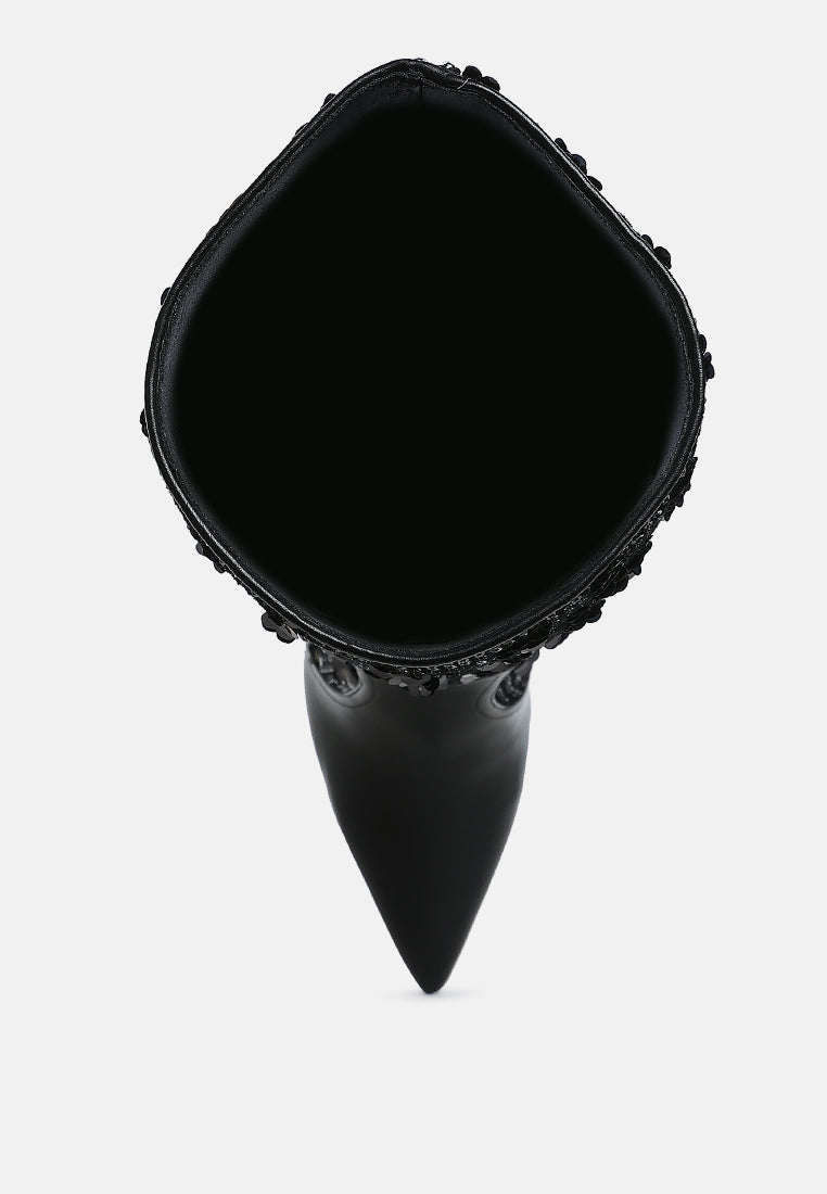 women sequin embellished stiletto long boots#color_black