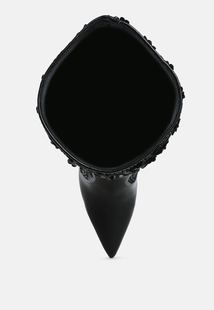 women sequin embellished stiletto long boots#color_black