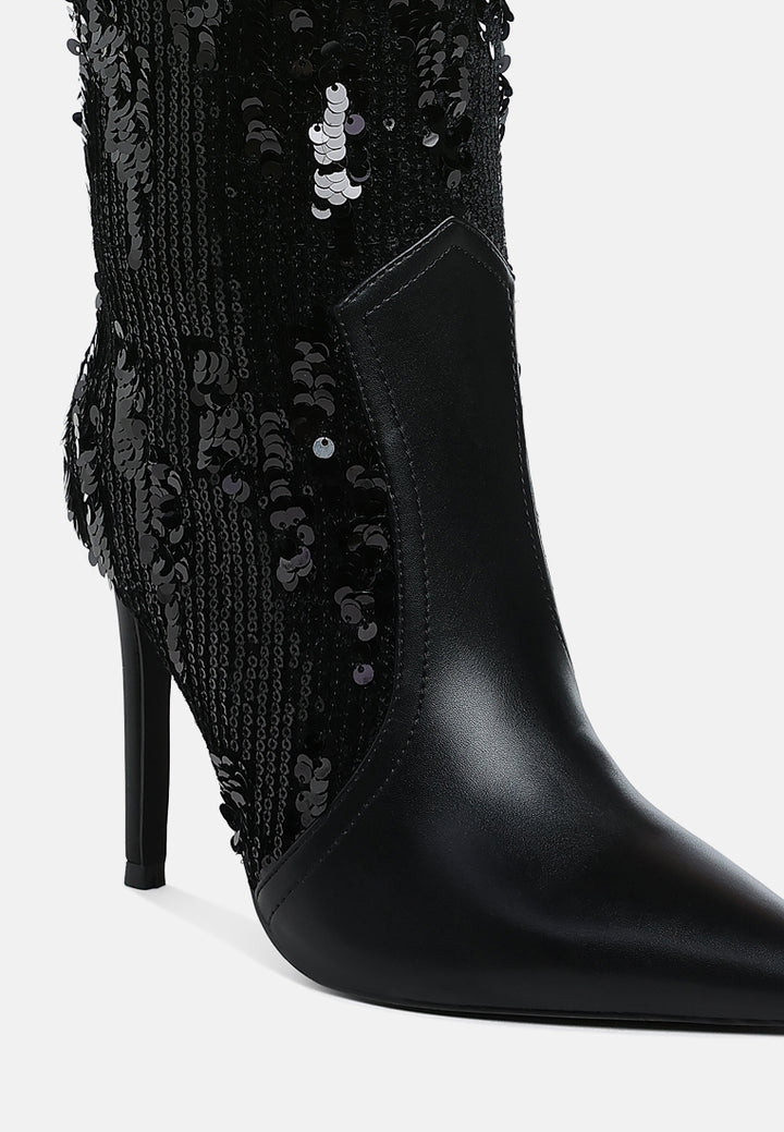 women sequin embellished stiletto long boots#color_black