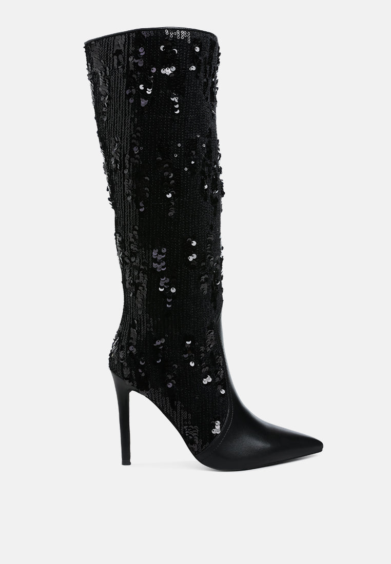 women sequin embellished stiletto long boots#color_black