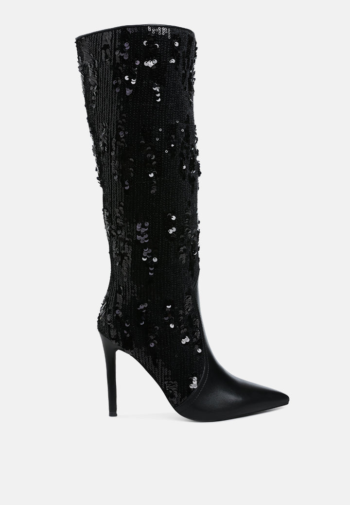 women sequin embellished stiletto long boots#color_black