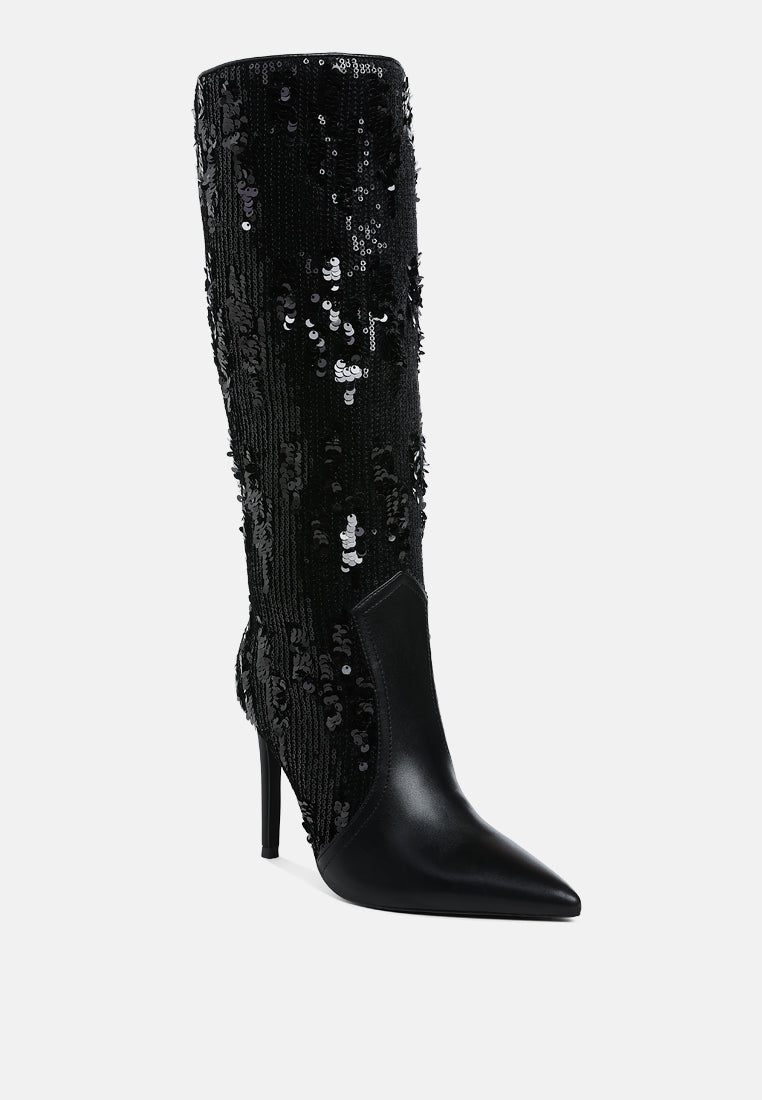 women sequin embellished stiletto long boots#color_black