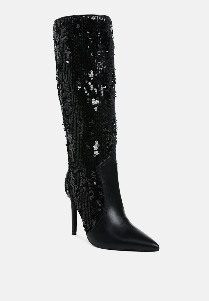 women sequin embellished stiletto long boots#color_black
