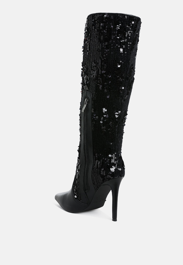 women sequin embellished stiletto long boots#color_black