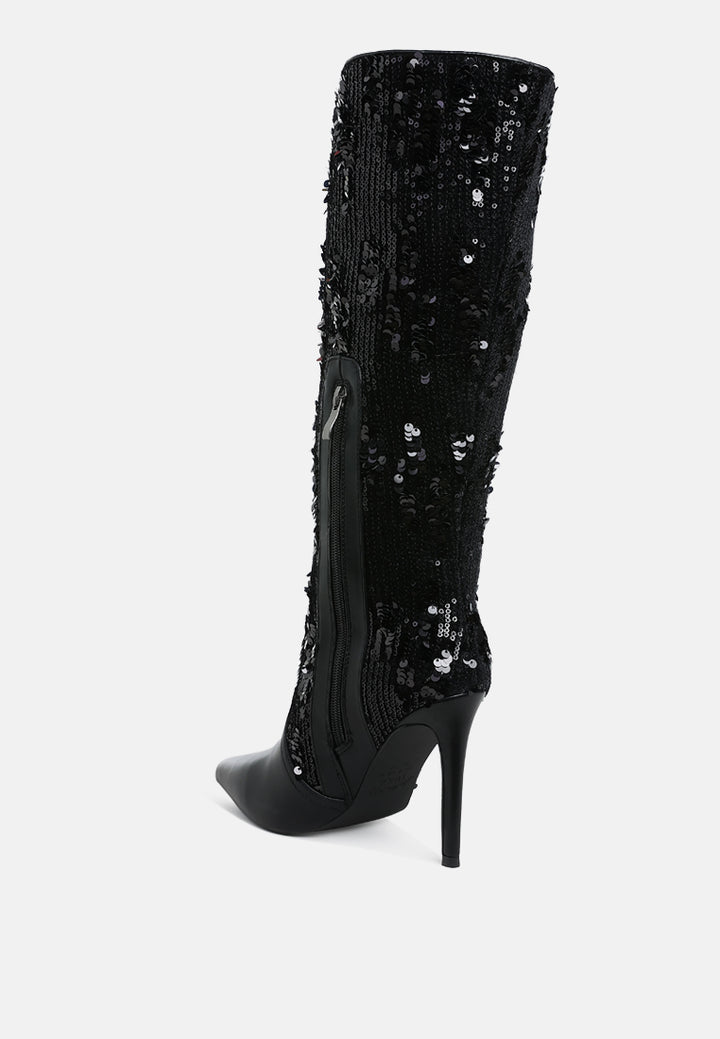 women sequin embellished stiletto long boots#color_black