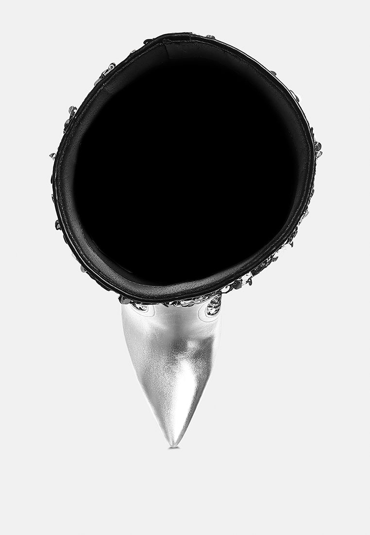 women sequin embellished stiletto long boots#color_silver