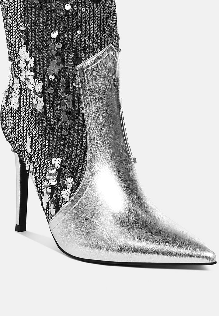 women sequin embellished stiletto long boots#color_silver
