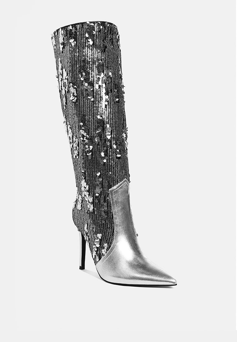 women sequin embellished stiletto long boots#color_silver