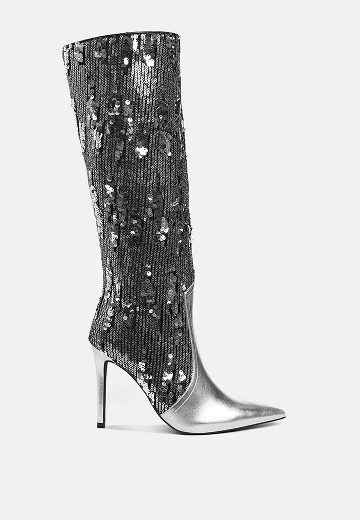 women sequin embellished stiletto long boots#color_silver
