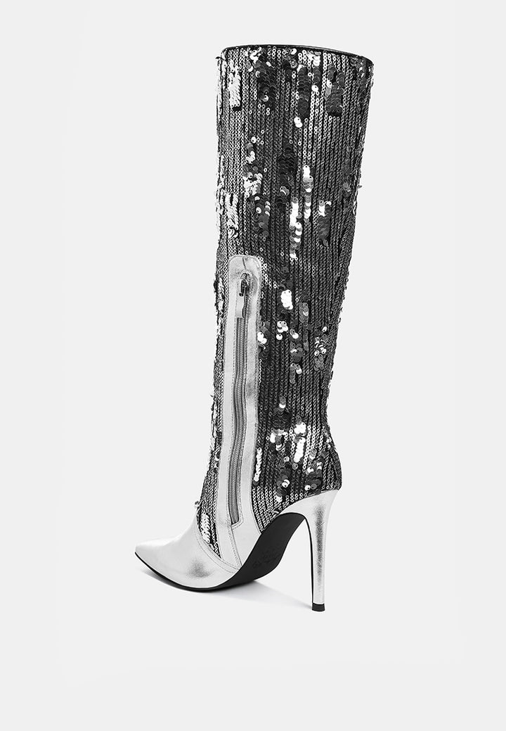 women sequin embellished stiletto long boots#color_silver