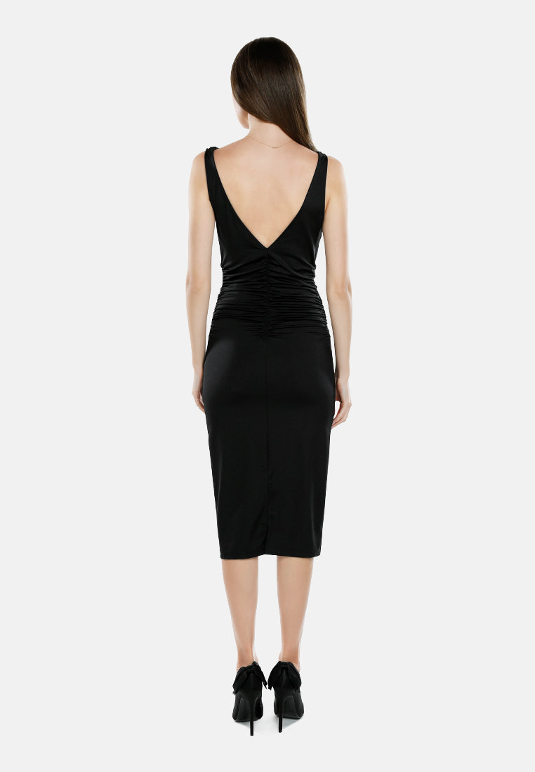 women sleeveless draped knee length dress#color_black