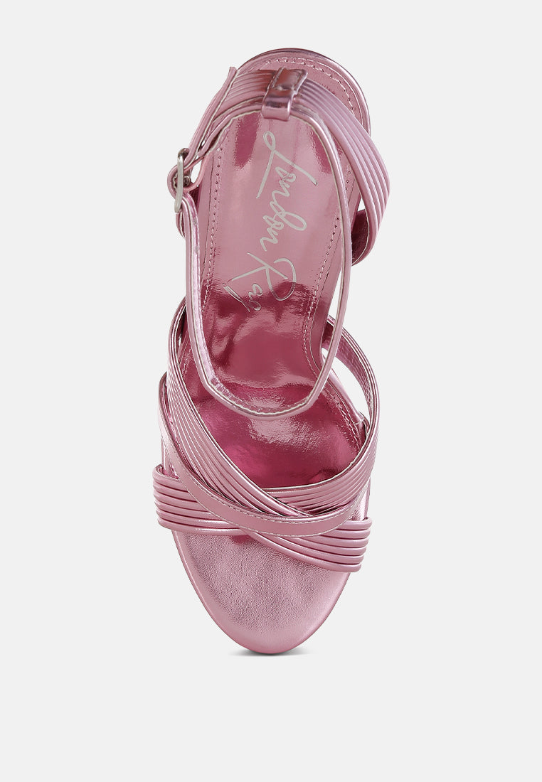 metallic ankle strap heel sandals#color_pink