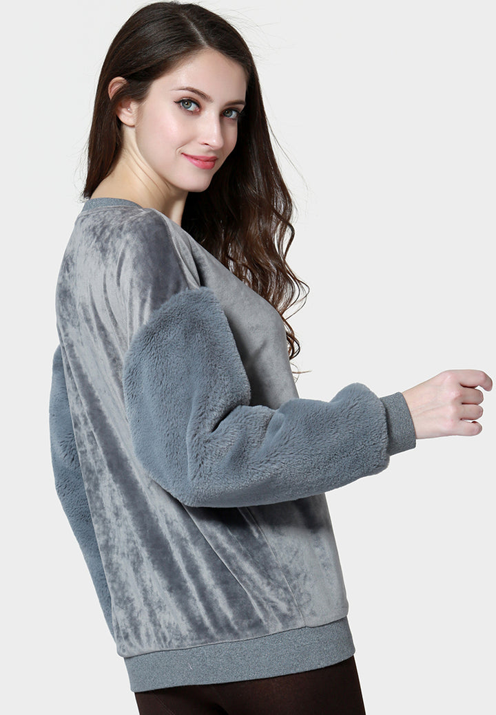 women long sleeve fur sweater#color_grey