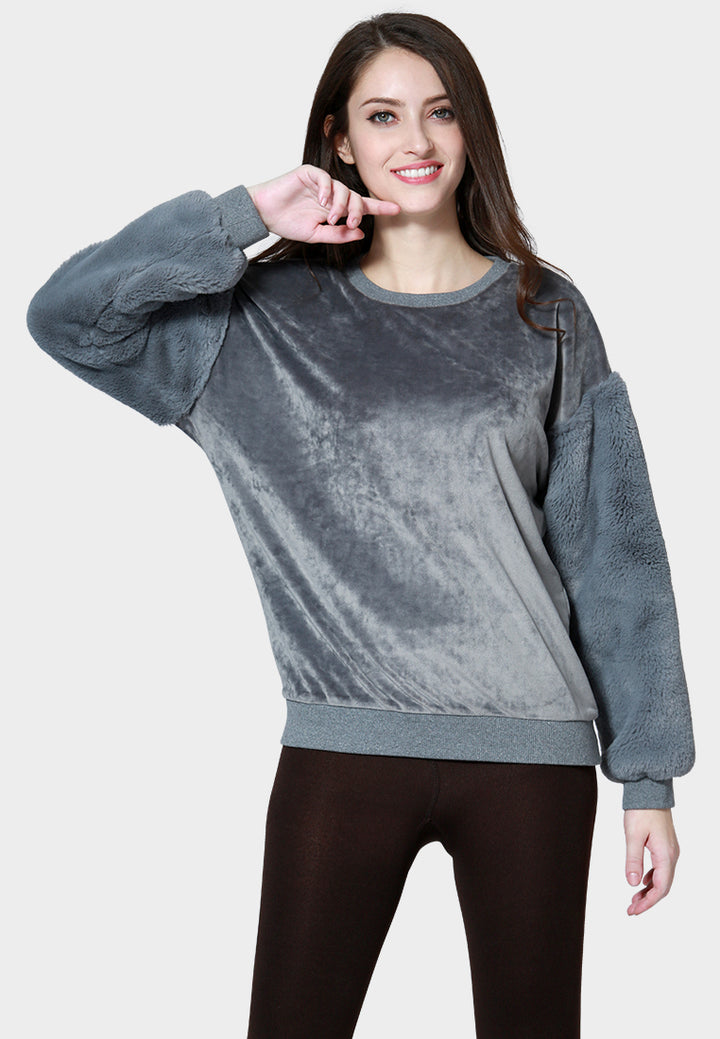 women long sleeve fur sweater#color_grey