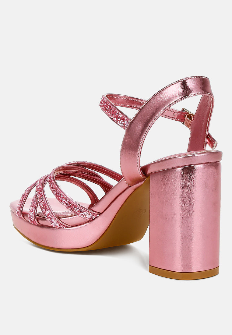 women glitter strappy block sandals#color_pink