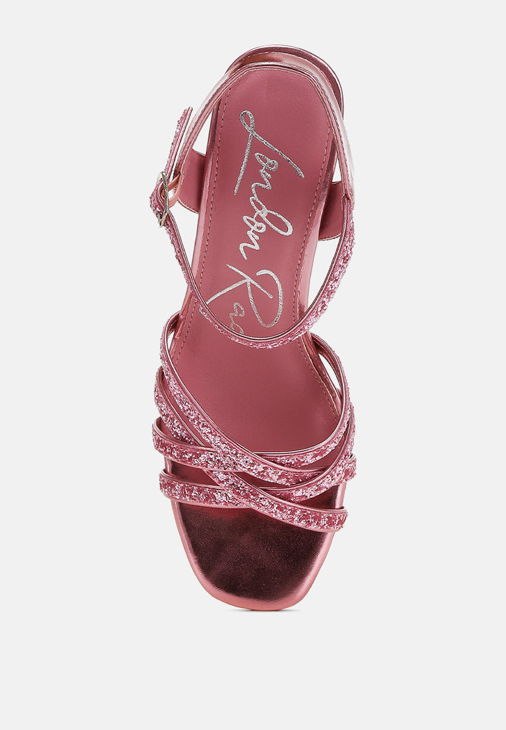 women glitter strappy block sandals#color_pink