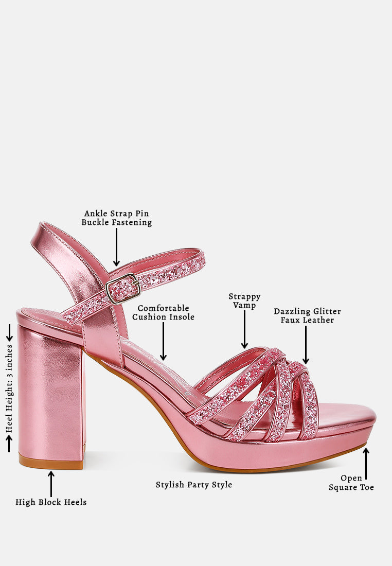 women glitter strappy block sandals#color_pink