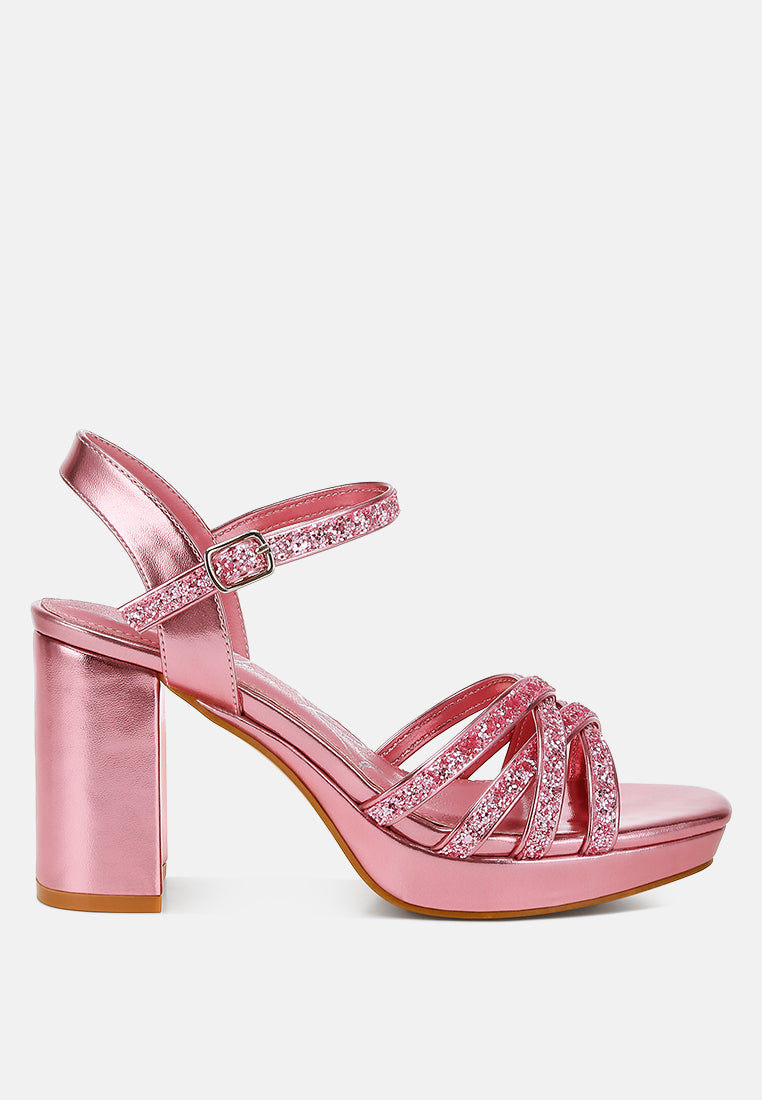 women glitter strappy block sandals#color_pink