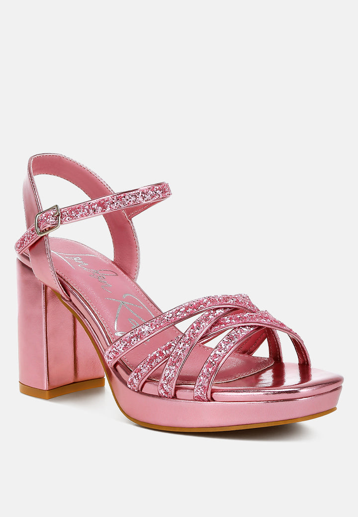women glitter strappy block sandals#color_pink