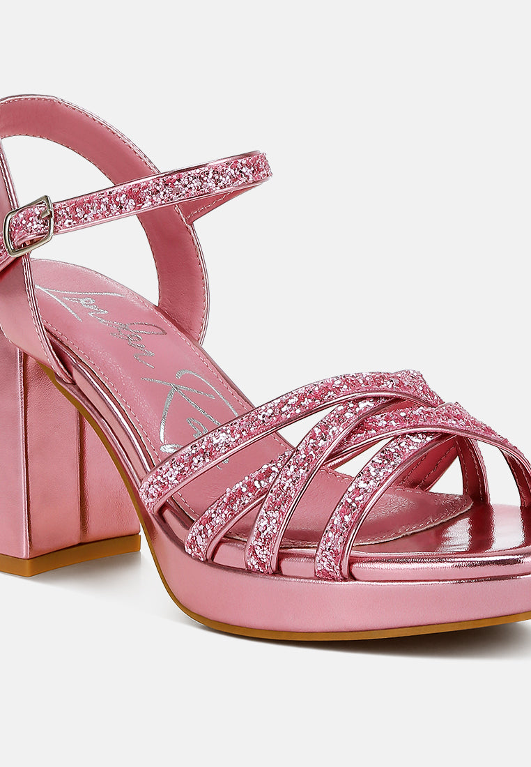 women glitter strappy block sandals#color_pink