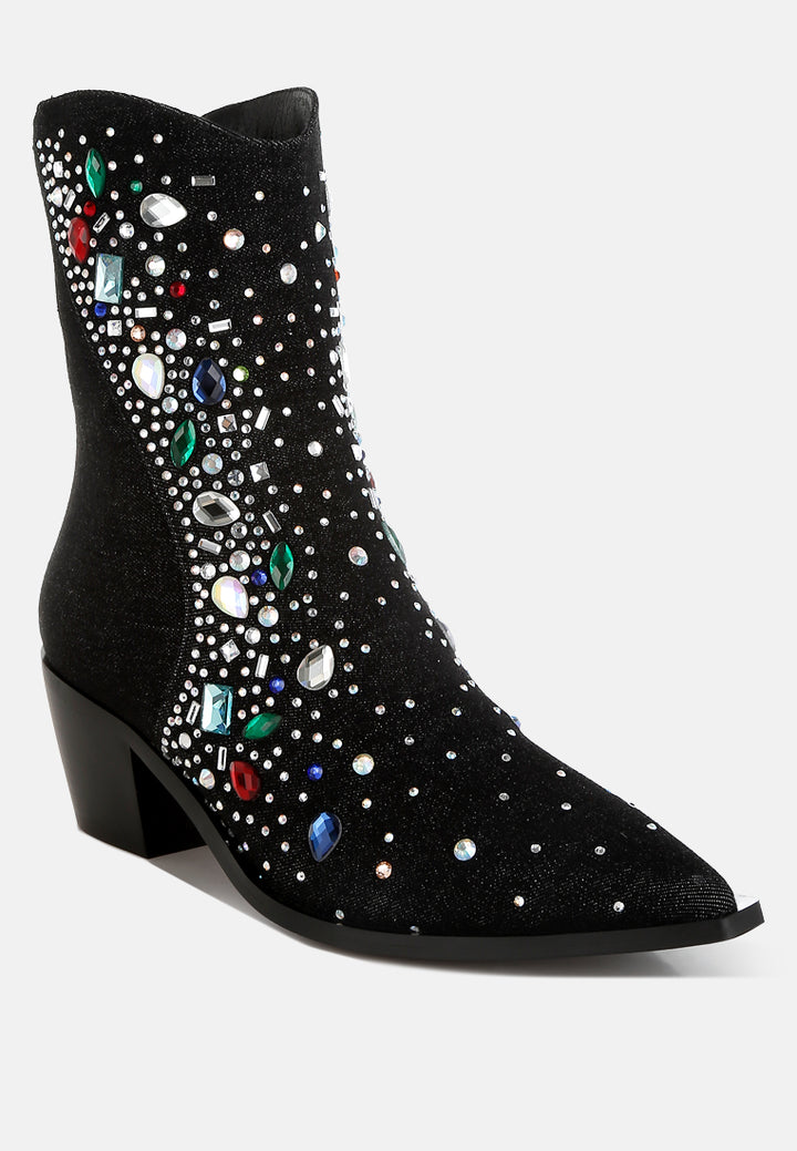 women multi color stones embellished boots#color_black