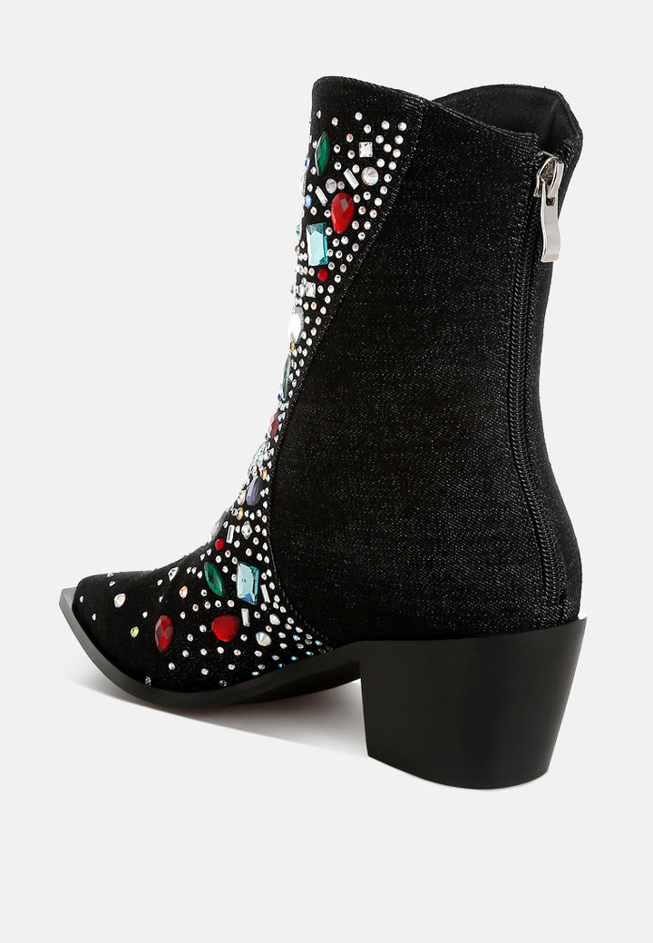 women multi color stones embellished boots#color_black