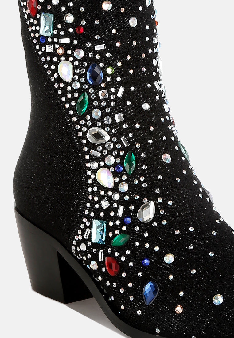 women multi color stones embellished boots#color_black