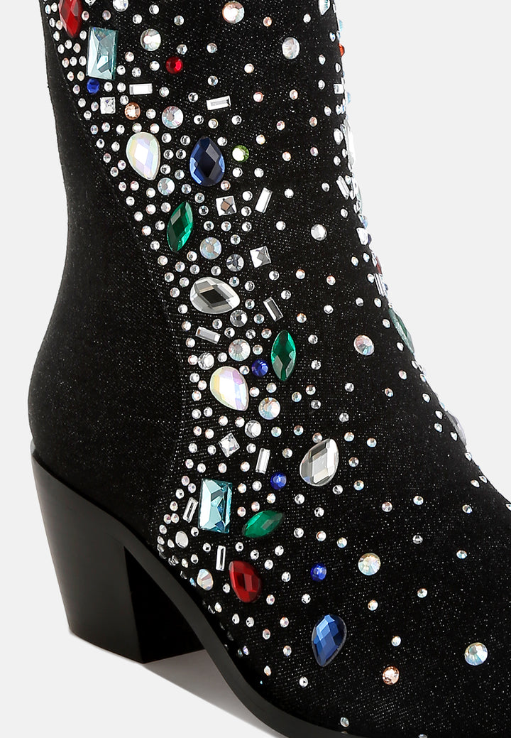 women multi color stones embellished boots#color_black