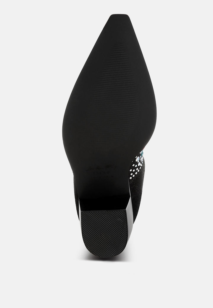 women multi color stones embellished boots#color_black