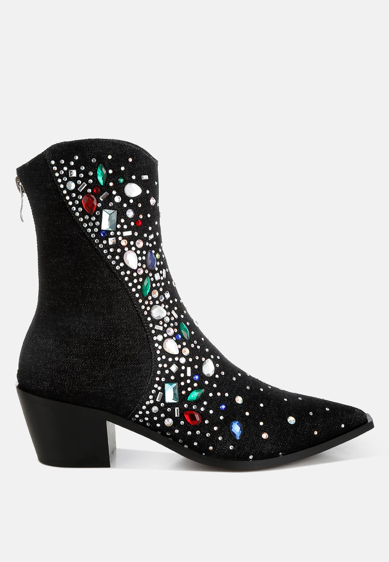 women multi color stones embellished boots#color_black