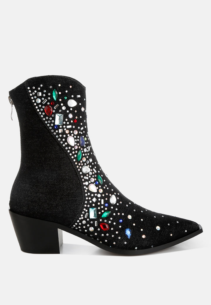 women multi color stones embellished boots#color_black