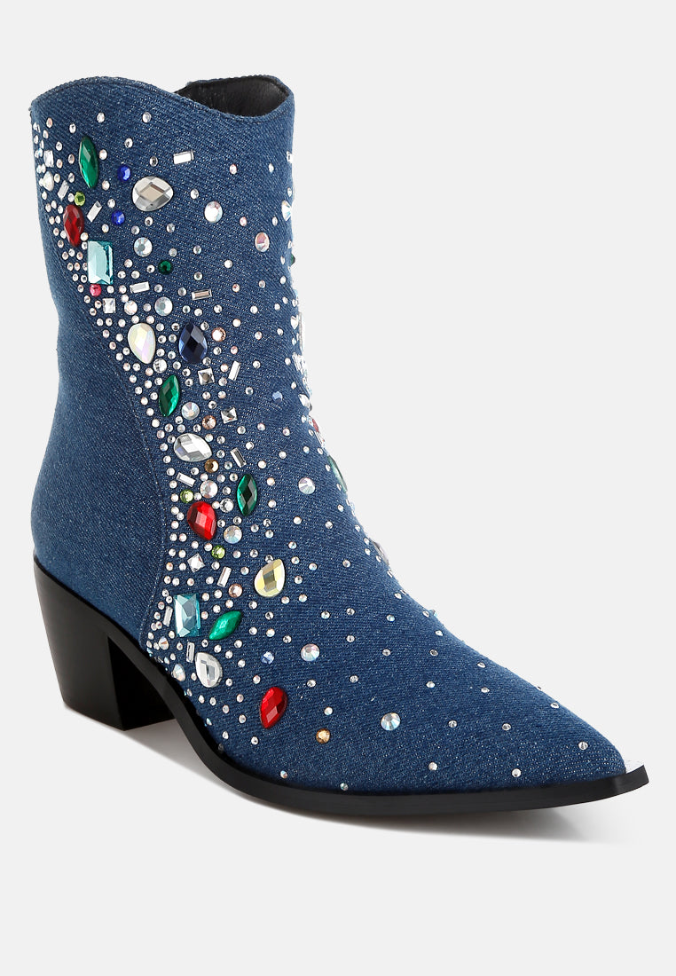 women multi color stones embellished boots#color_dark blue