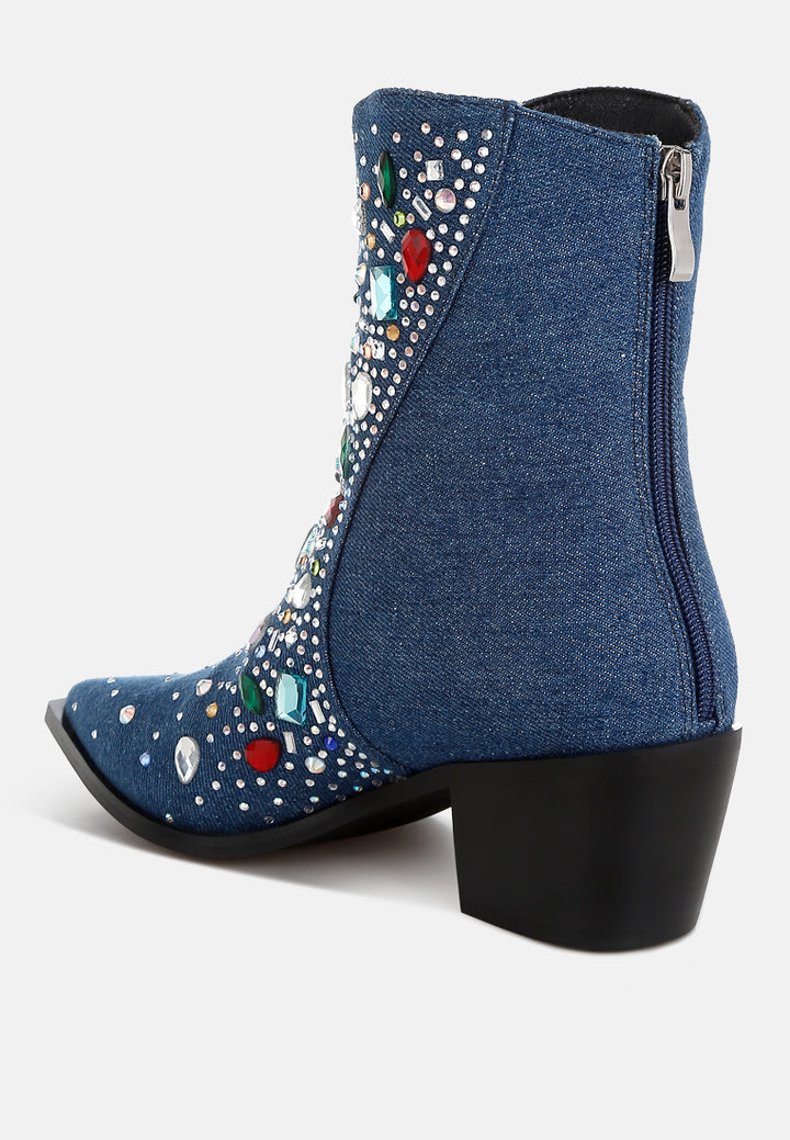 women multi color stones embellished boots#color_dark blue