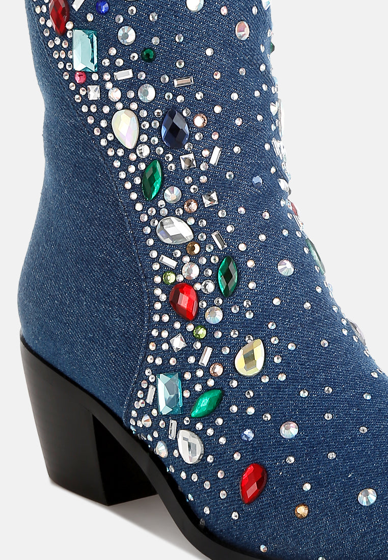 women multi color stones embellished boots#color_dark blue