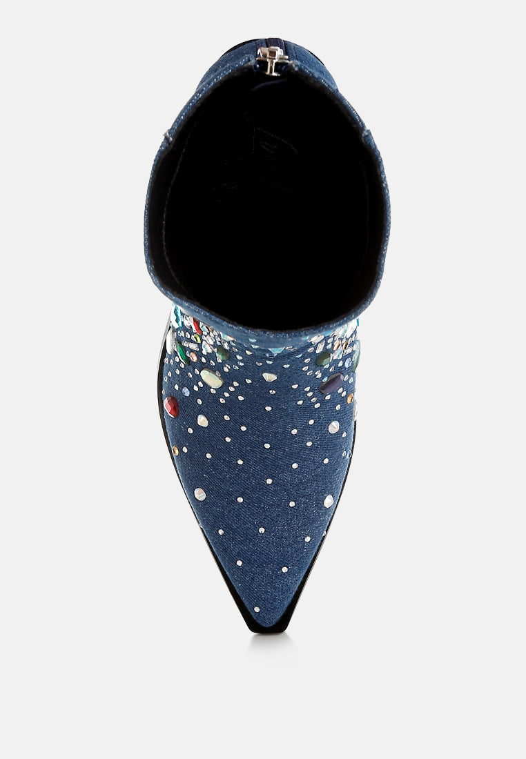 women multi color stones embellished boots#color_dark blue