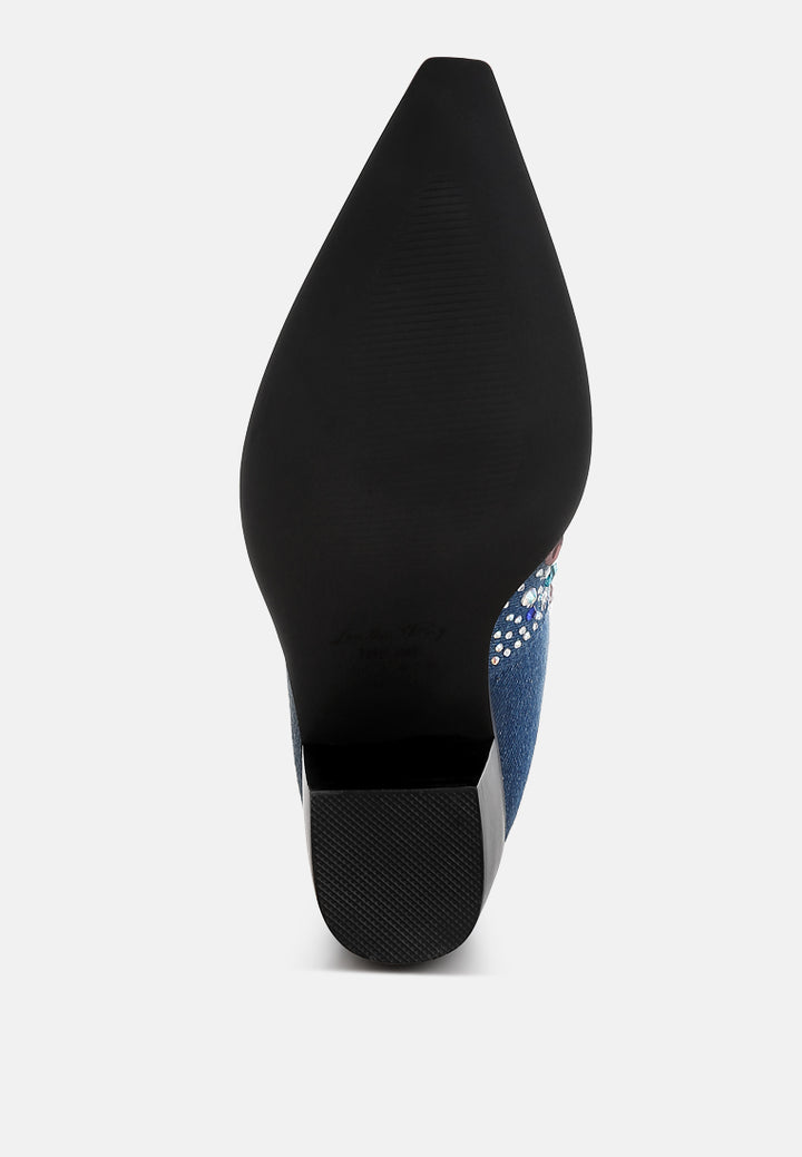 women multi color stones embellished boots#color_dark blue