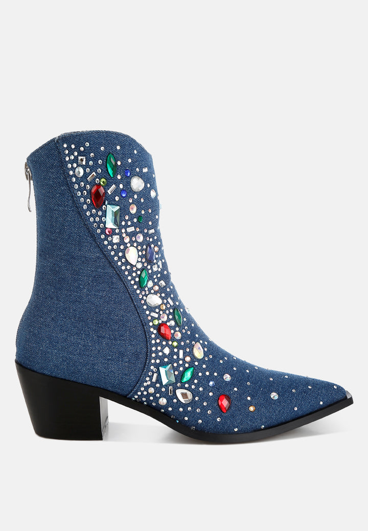 women multi color stones embellished boots#color_dark blue