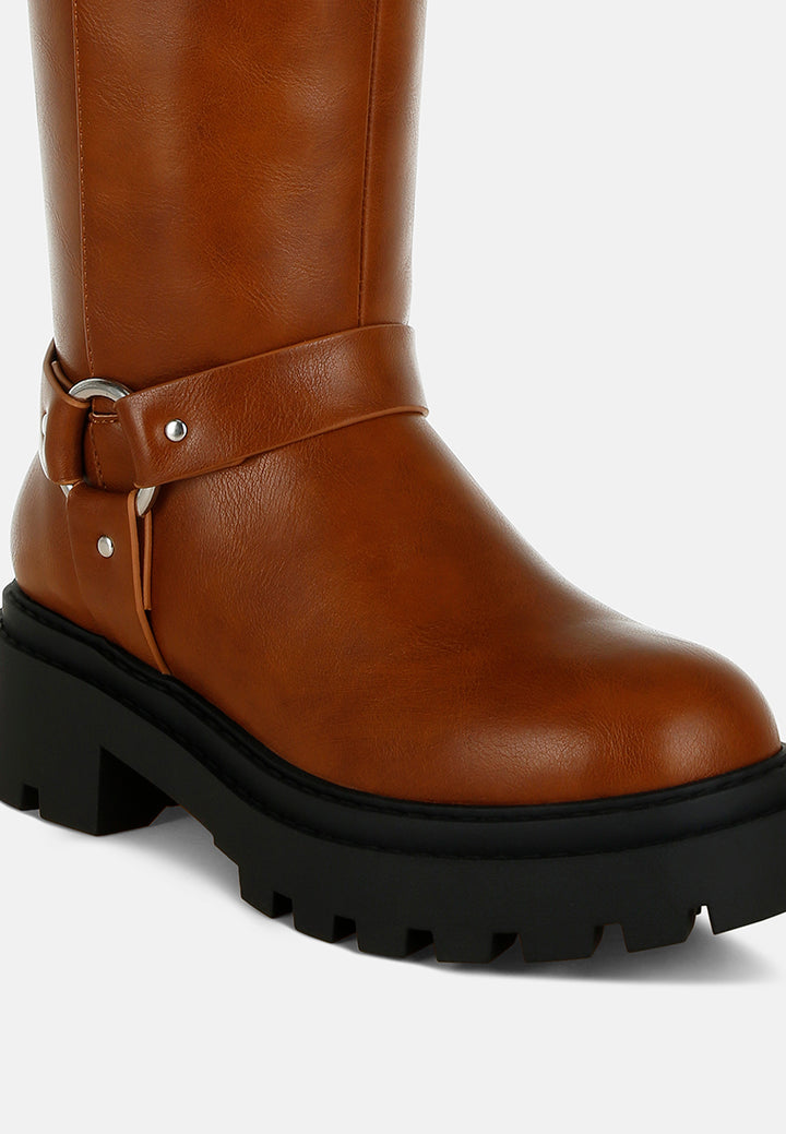 women harnes detail long boots#color_tan