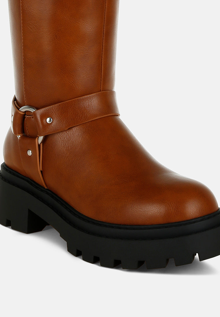 women harnes detail long boots#color_tan