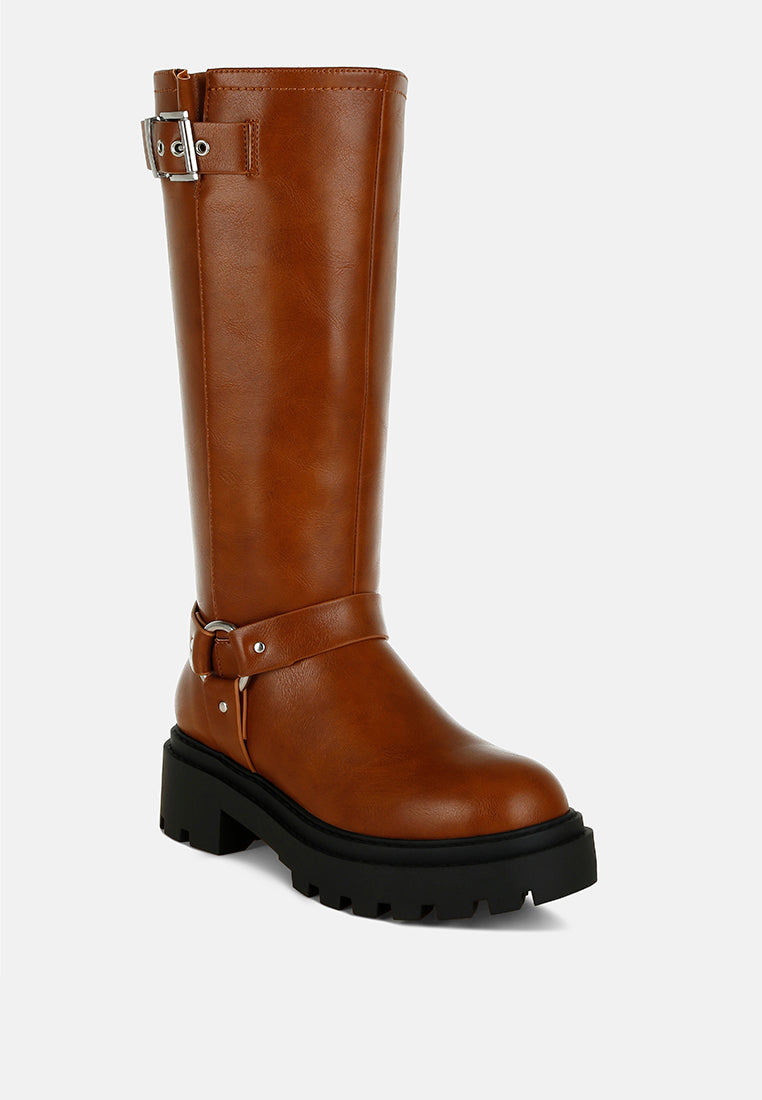 women harnes detail long boots#color_tan