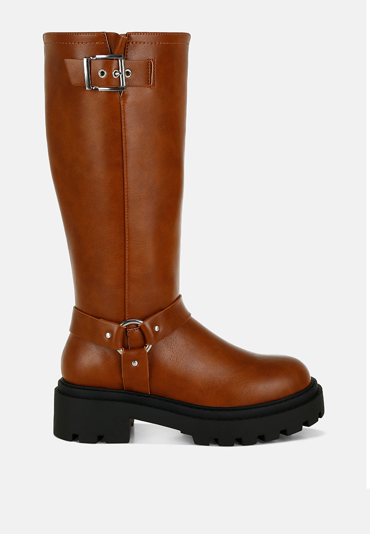 women harnes detail long boots#color_tan