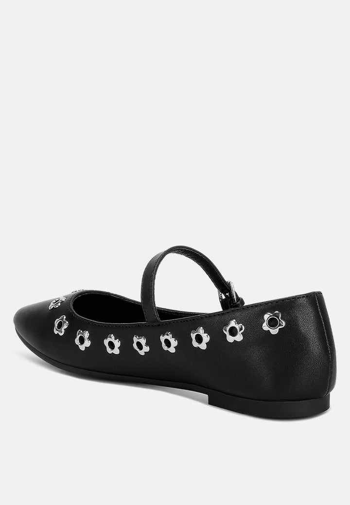 women floral eyelet strapped ballerinas#color_black