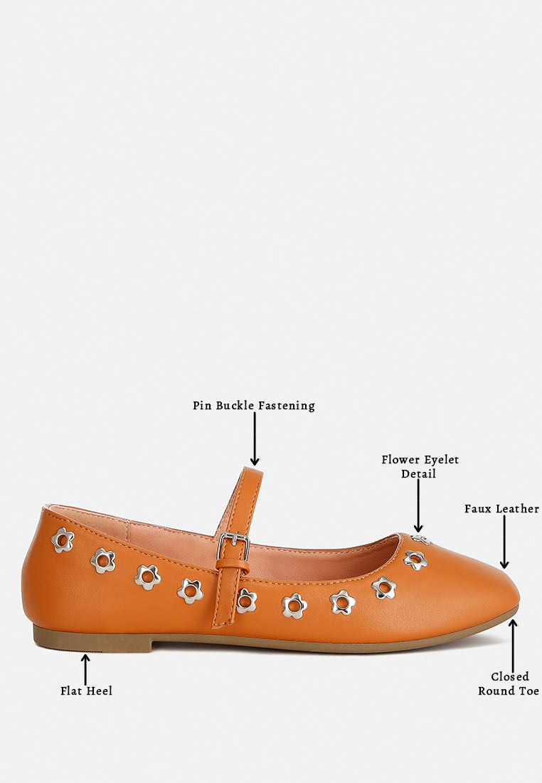 women floral eyelet strapped ballerinas#color_tan