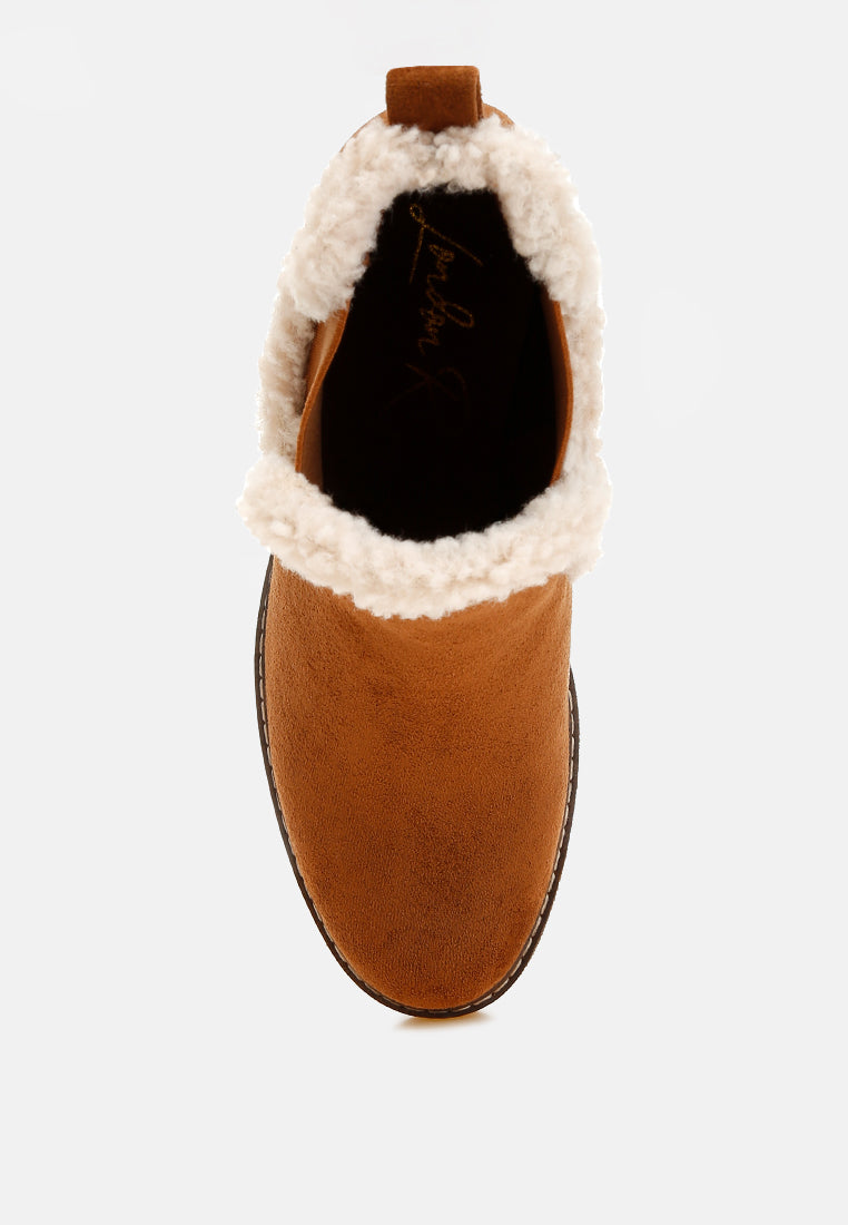 women faux fur lined chelsea boots#color_tan