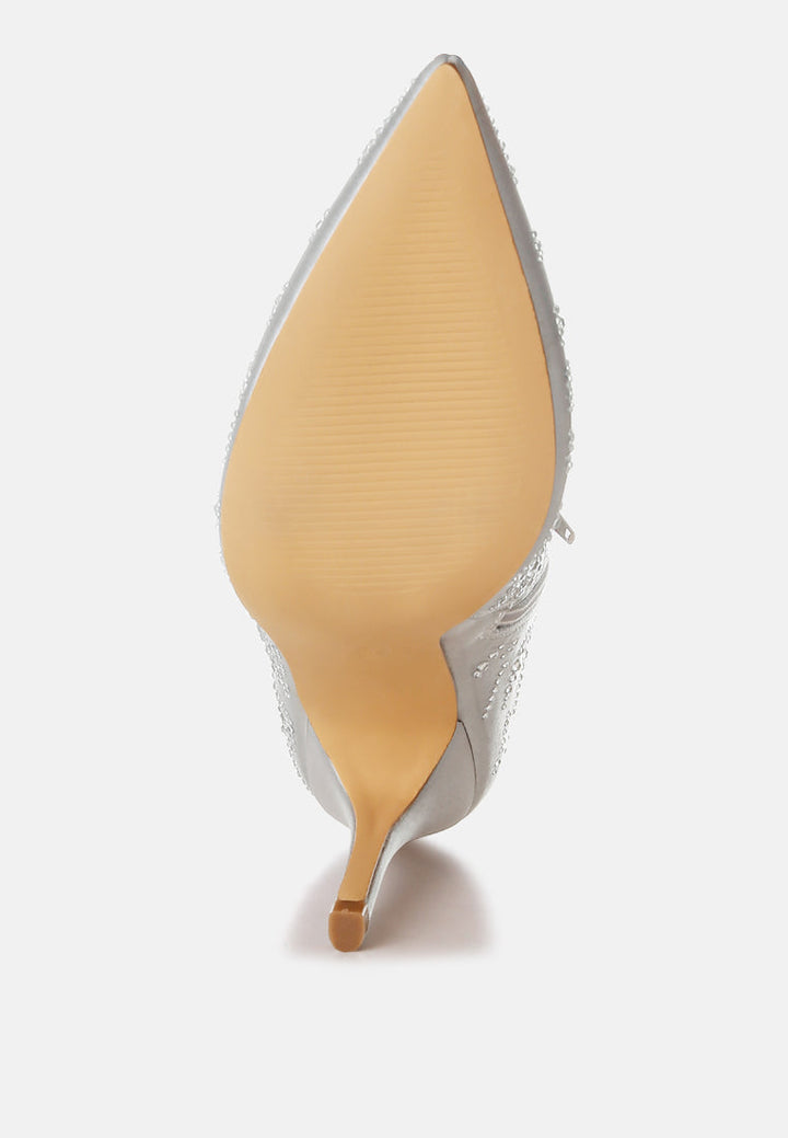 women satin rhinestone ankle party boots#color_silver