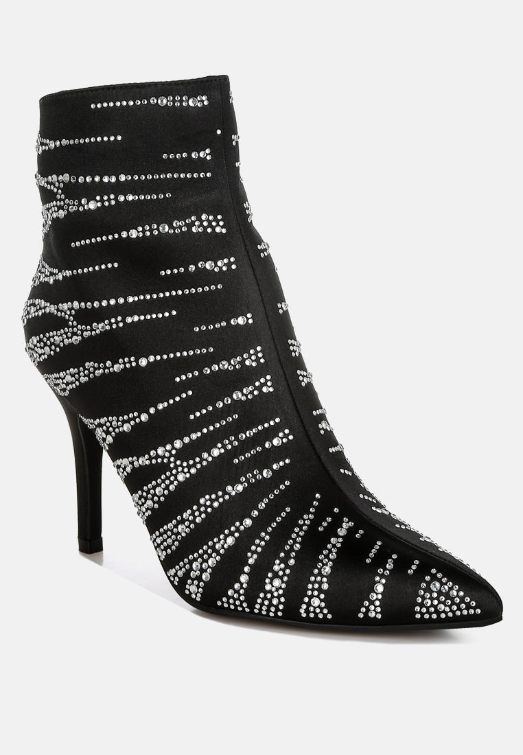 women satin rhinestone ankle party boots#color_black