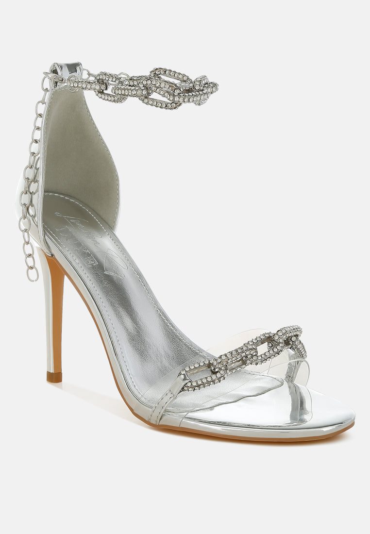 women rhinestones chain metallic stiletto sandals#color_silver