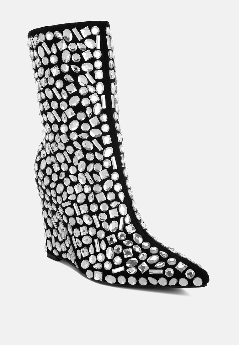 women diamante slim wedge heel boots#color_black